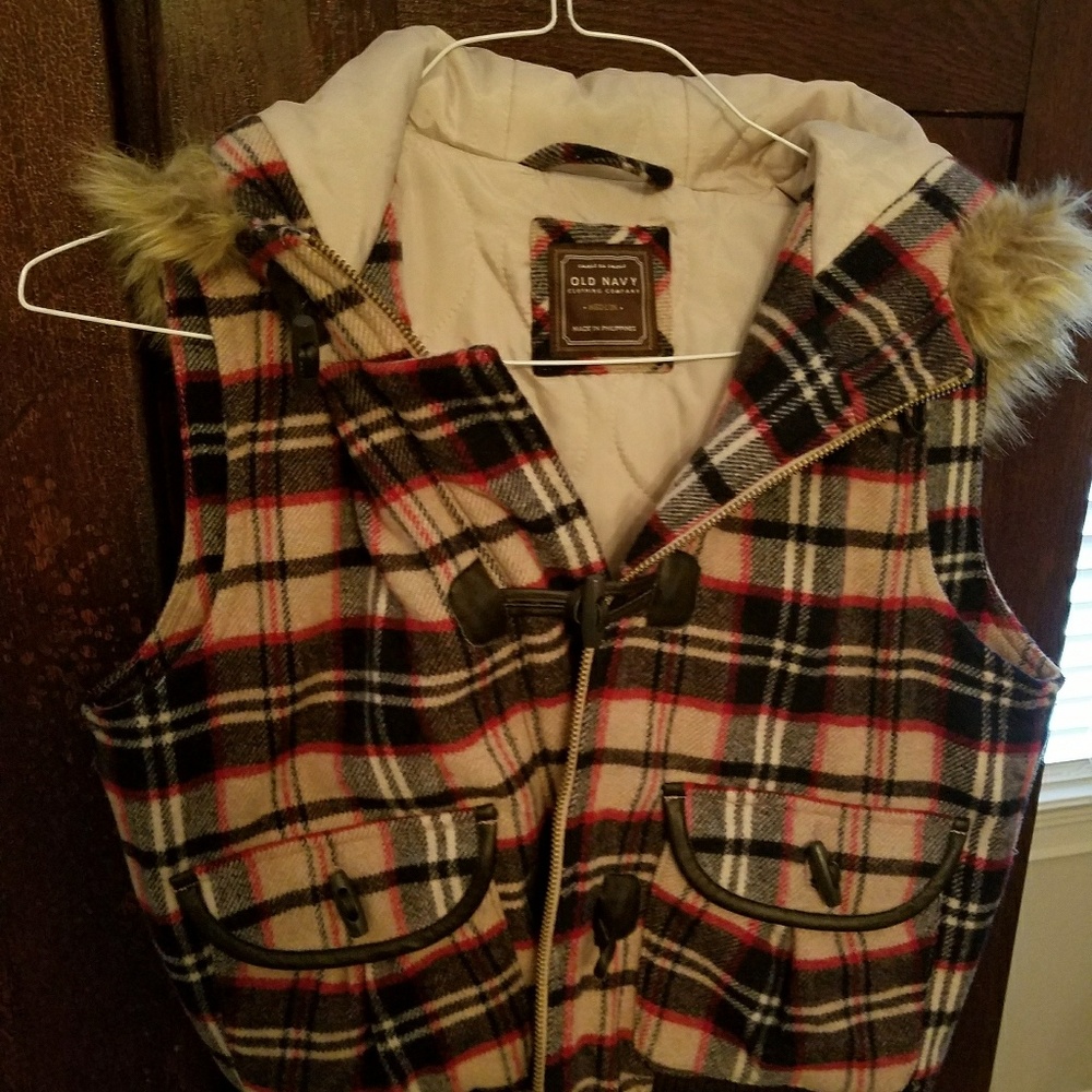 Plaid vest with fur hood